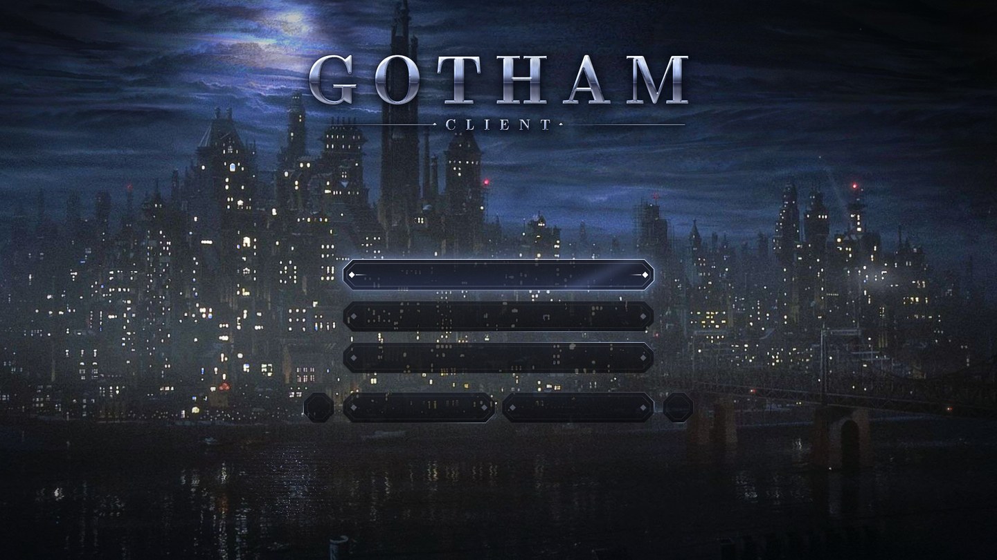 Новое главное меню Gotham Client: хромированный логотип GOTHAM и кнопки ар-деко над ночным городом